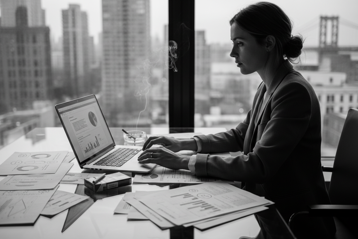 Mujer de marketing trabajando en mesa de vidrio
